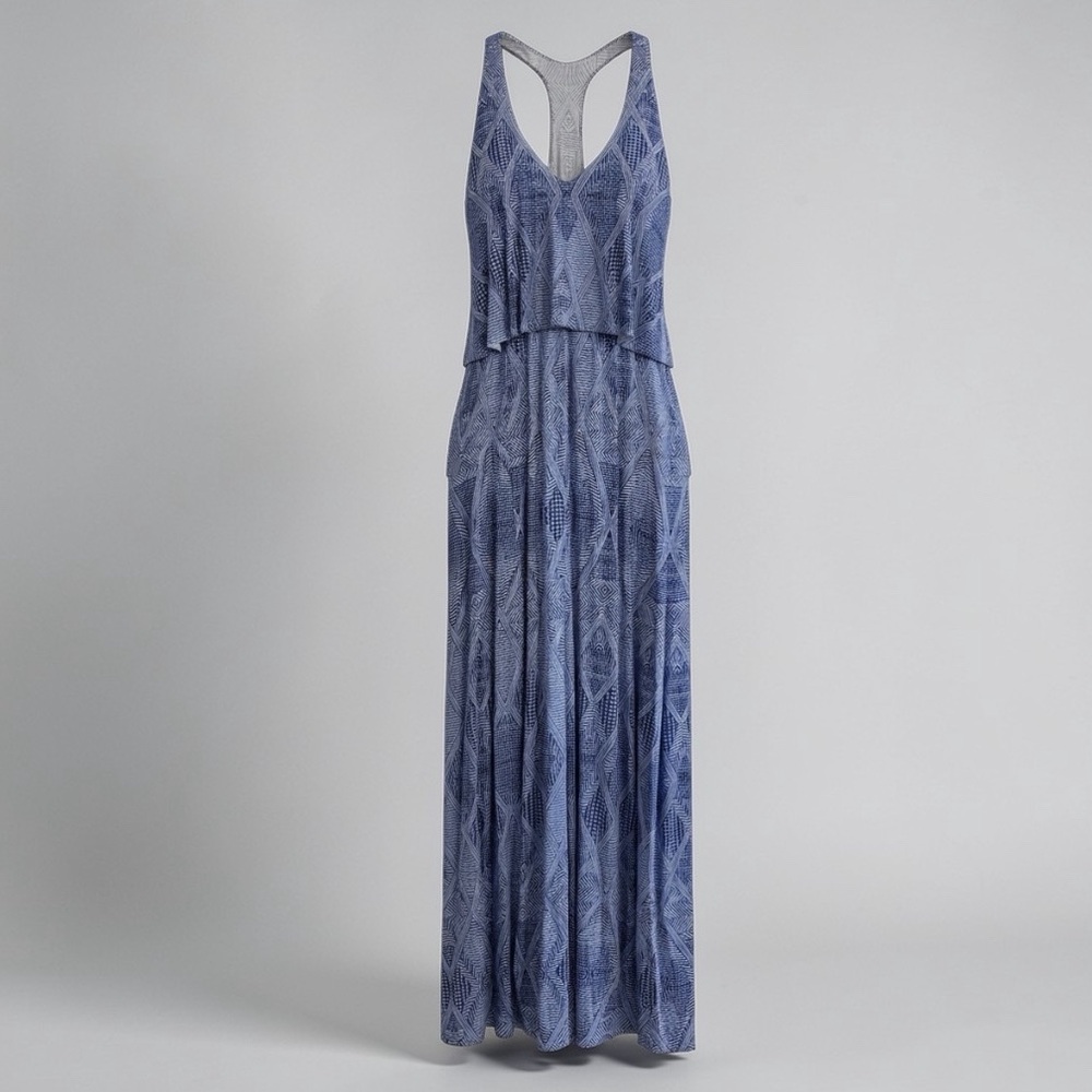 Tart Blue Patterned Racerback Maxi Dress front slit